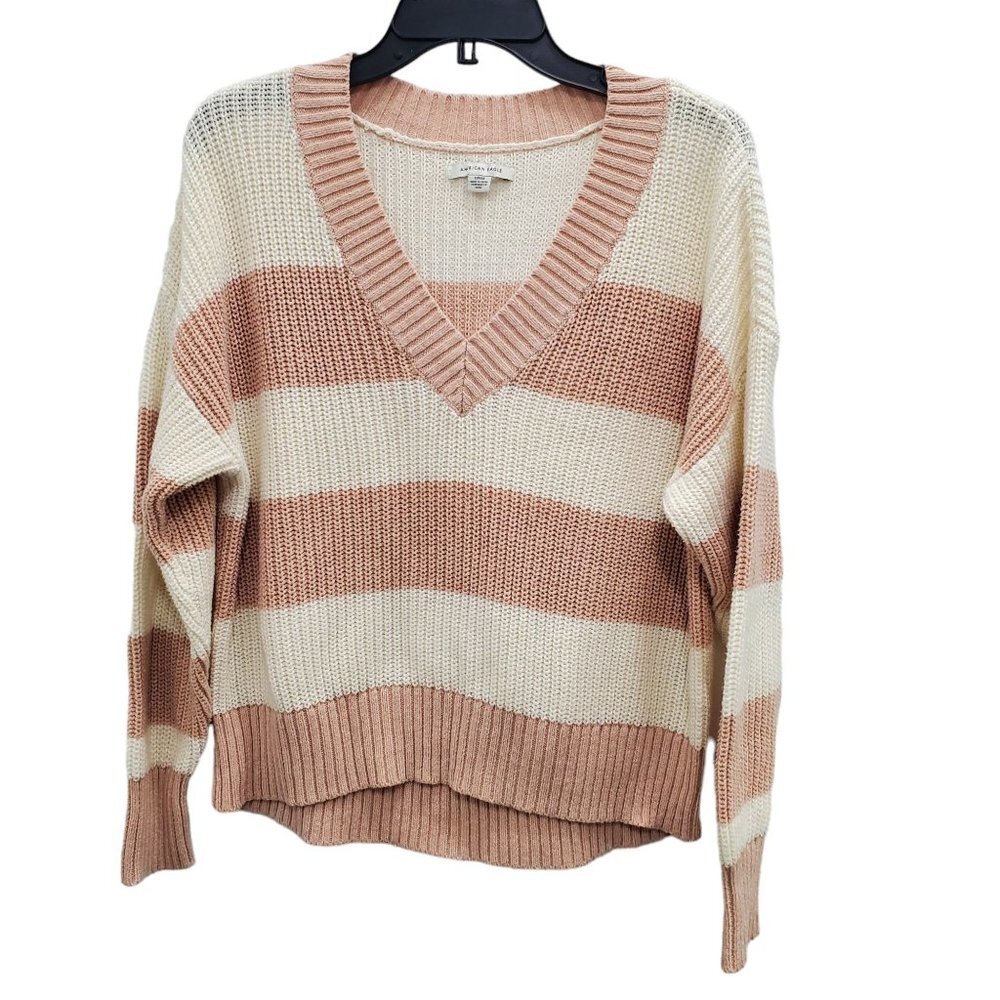 American‎ Eagle Women's Rose Cream Stripe Knit V-Neck Oversize Sweater Size S